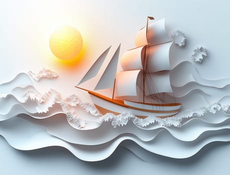A ship with white sails on a white background. Selective focus.