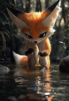 Cartoon fox catching fish. Selective focus.
