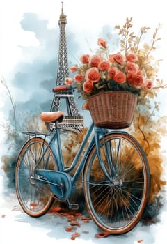 Bicycle with a basket of flowers against the backdrop of the Eiffel Tower. Selective focus.