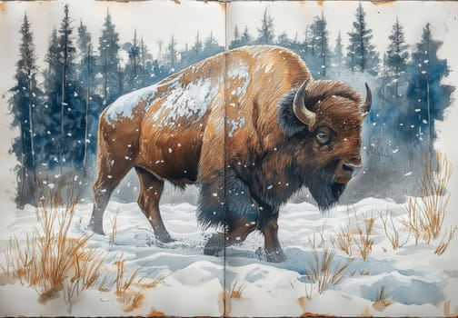 Watercolor bison walking in the snow. Selective focus.