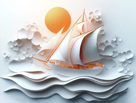 A ship with white sails on a white background. Selective focus.