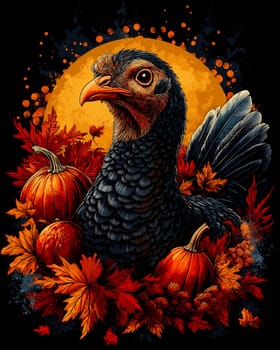Colorful turkey with pumpkins on dark background. Selective focus.