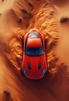 A modern red car in sand dunes. Selective focus.