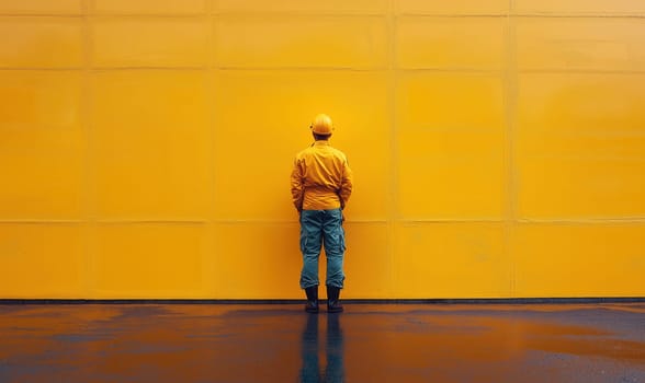 Worker in hard hat standing near wall. Selective focus.