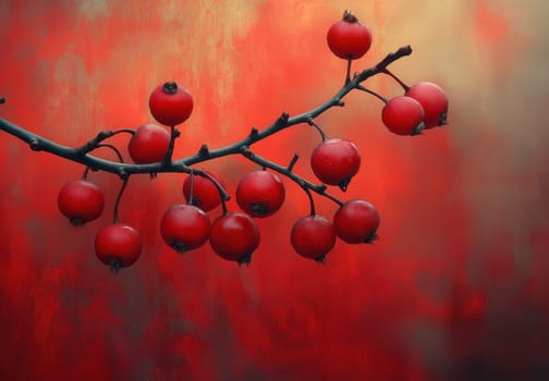 A branch with red berries on a textured background. Selective focus.