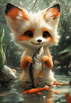 Cartoon fox catching fish. Selective focus.