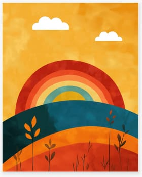 Poster for kids with rainbow over field. Selective focus.