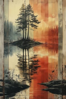 Artistic depiction of a natural landscape of trees reflected in water. Selective focus.