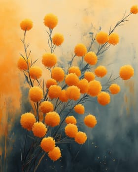 Watercolor, branch with yellow flowers on a colored background. Selective focus.