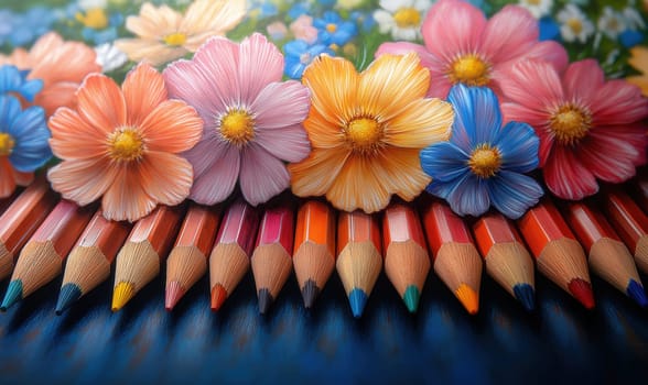 Colored pencils and colorful drawn flowers. Selective focus.