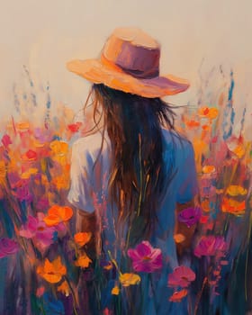 Colorful oil painting, girl in hat in field of flowers. Selective focus.