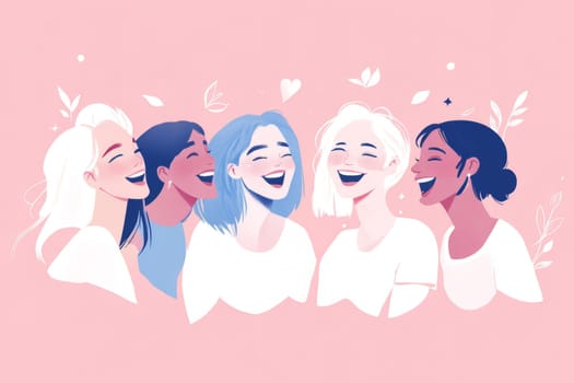 Girls of different nationalities laughing on a pink background with flowers Womens day 8 March