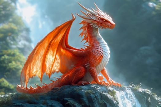 A majestic red dragon rests by a babbling brook in a mysterious forest, surrounded by soft light. Myths and nature. AI generated.