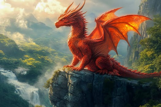 A majestic red dragon rests by a babbling brook in a mysterious forest, surrounded by soft light. Myths and nature. AI generated.