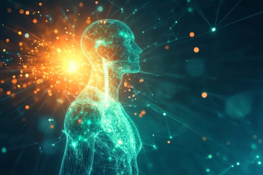 A body human with neural connections of head and brain and organ structures in form of hologram. Universe space inside body and head. Highlighted neural network in brain.