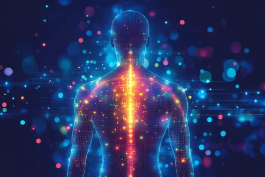 A back of body human with neural connections of head and brain and organ structures in form of hologram. Universe space inside body and head. Highlighted neural network in brain.