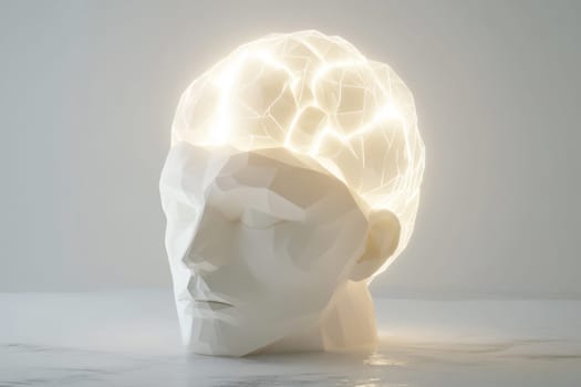 White sculpture of a head with glowing thoughts in the brain. Concept for psychiatry or the science of mental health. Neurons activity.