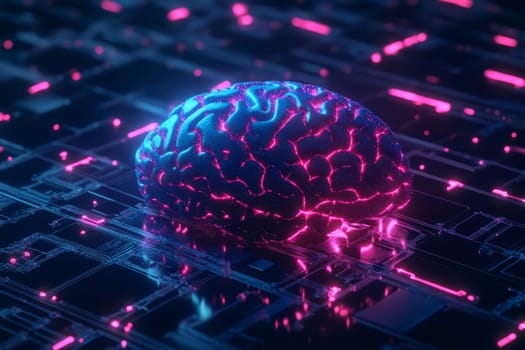 Brain on microcircuit background with glowing neurons and connections. The concept of replacing the human brain with artificial intelligence
