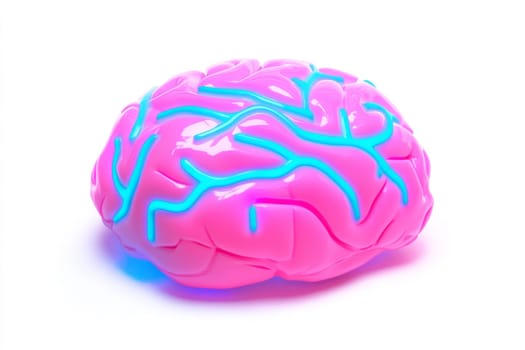 Pink brain isolated on white background with neurons and connections. The concept of replacing the human brain with artificial intelligence