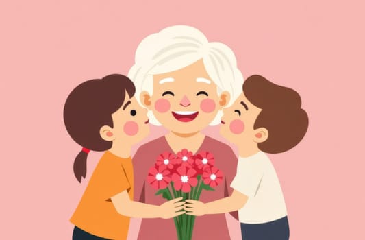 The grandchildren hug their grandmother and bouquet flowers. Women's, grandparents,Mother's and grandma's day.