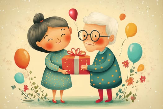 Gray-haired grandfather holding birthday present and balloons