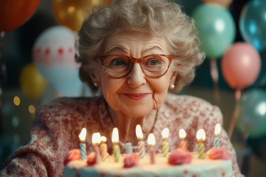 Gray-haired grandmother holding pink birthday cake, balloons