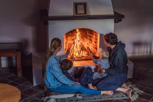 Family bonding by the fireplace during cozy winter evening. Warm and peaceful family moment indoors. Togetherness, love, and relaxation concept. A warm and inviting scene featuring a lit fireplace with glowing firewood and candles. A colorful traditional rug and pillow lie on the floor, creating a cozy atmosphere. Home, relaxation, and rustic comfort concept.
