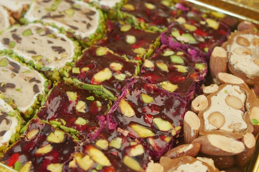 Colorful traditional confections are beautifully arranged.