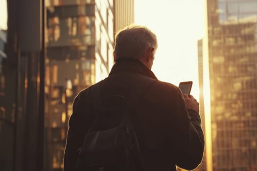 A silhouette of a professional man using his smartphone in a vibrant urban landscape during golden hour, with reflections on modern buildings.