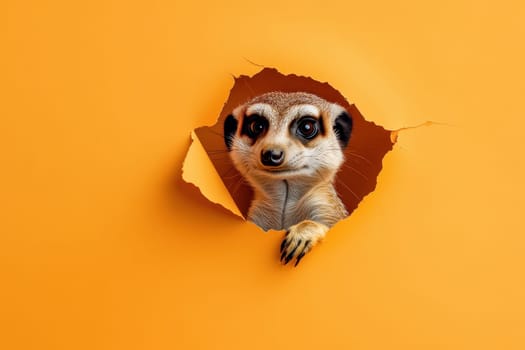 A playful meerkat curiously gazes from a hole in a vivid orange wall, showcasing its endearing expression and inviting charm. Perfect for quirky themes.