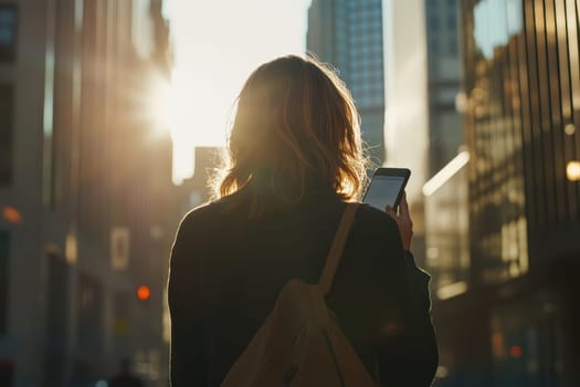 A young woman stands in an urban setting, using her smartphone against a backdrop of a glowing sunset. The cityscape glimmers in twilight, creating a serene moment.