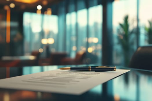 A stylish black pen lies on a contract paper in a modern office setting, capturing the essence of professionalism and clarity in business negotiations.