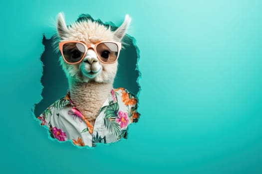 This whimsical image features a cheerful alpaca wearing stylish sunglasses and a floral shirt, humorously peeking through a hole in a vibrant teal wall. Perfect for conveying fun and joy.