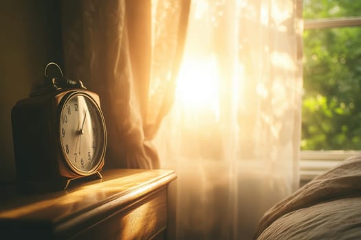 A vintage alarm clock rests on a wooden nightstand by a window, with soft sunlight illuminating sheer curtains, creating a cozy morning atmosphere.
