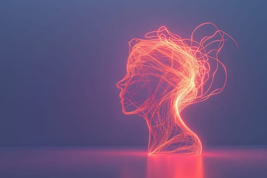 This captivating abstract art piece features a silhouette of a figure made of glowing lines, representing creativity and imagination through dynamic light and form.