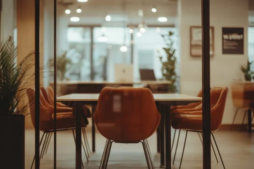 A sleek modern office meeting room featuring elegant brown chairs, a stylish table, and greenery, perfect for collaboration and inspiration in a vibrant workspace.