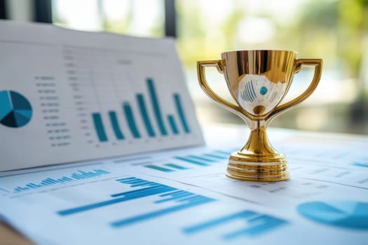 A golden trophy placed on top of business reports featuring charts and graphs, symbolizing achievements and success in the corporate world.