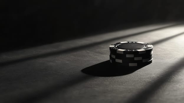 A dramatic close-up of poker chips captured in low light, showcasing their sleek design and the play of shadows. Ideal for gambling themes.