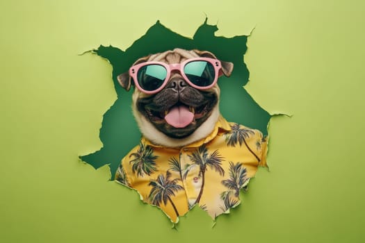 A cheerful pug dog in stylish sunglasses and a vibrant floral shirt breaks through a green wall, radiating fun and personality in a whimsical portrait.