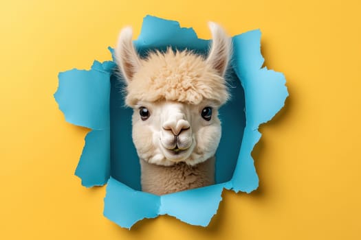 A delightful llama with soft fur and an adorable expression peeks through torn blue paper, creating a vibrant and playful visual on a yellow background.