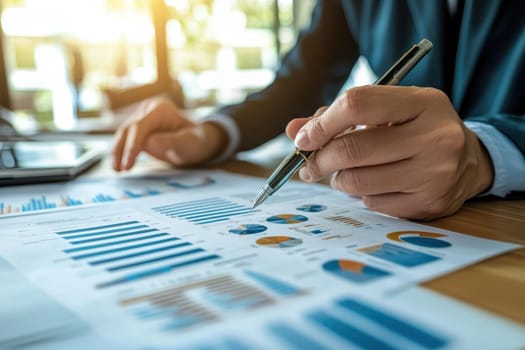 A business professional reviews detailed financial reports featuring various charts and graphs in a modern office setting, demonstrating analytical skills.