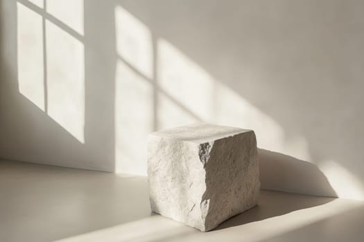 A minimalist stone block sits serenely in a sunlit room, casting soft shadows on a smooth surface, creating a tranquil and elegant atmosphere.