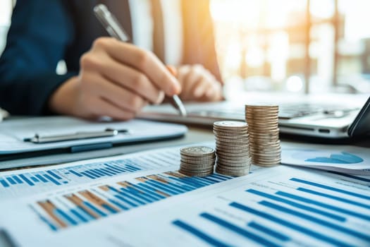 A businessman is analyzing financial data with coins stacked on reports and a calculator in a modern office setting, emphasizing strategic planning.