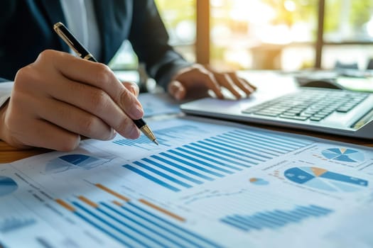 A business professional analyzes financial data with a pen, surrounded by charts and a laptop in a bright office setting, showcasing productivity and focus.