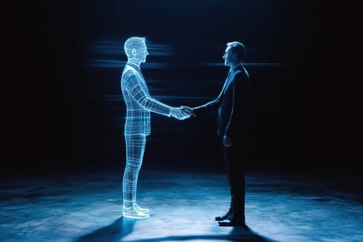 A digital avatar engages in a handshake with a person in a dark space, symbolizing the fusion of technology and human interaction, showcasing innovation.