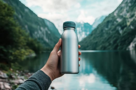 A hand holds a sleek metal water bottle by a pristine lake surrounded by majestic mountains. Ideal for outdoor enthusiasts and eco-conscious individuals.