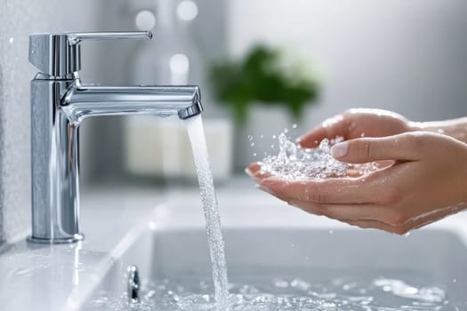 A close-up shot of hands enjoying a wash under a flowing stream of water from a modern chrome faucet, highlighting cleanliness and tranquility in a bright bathroom setting.