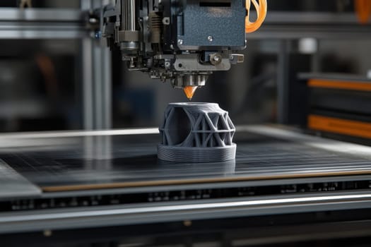 A 3D printer captures attention as it constructs a geometric object with filament. The intricate design showcases modern technology and precision in a creative workspace.