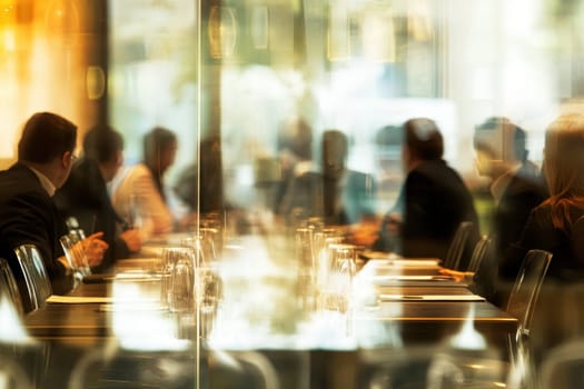 A blurred image of business professionals engaged in a discussion at a modern conference table, reflecting collaboration and strategic planning in a corporate setting.