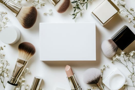 Explore a stunning flat lay featuring beauty products and tools arranged elegantly around a blank box, perfect for showcasing cosmetics in a fresh, modern way.